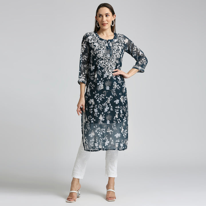 MUSKAN GEORGETTE CHIKANKARI PRINTED KURTI