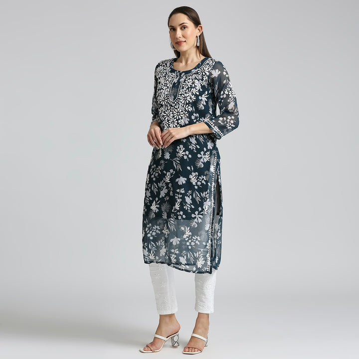 MUSKAN GEORGETTE CHIKANKARI PRINTED KURTI