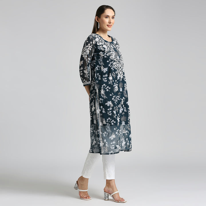 MUSKAN GEORGETTE CHIKANKARI PRINTED KURTI