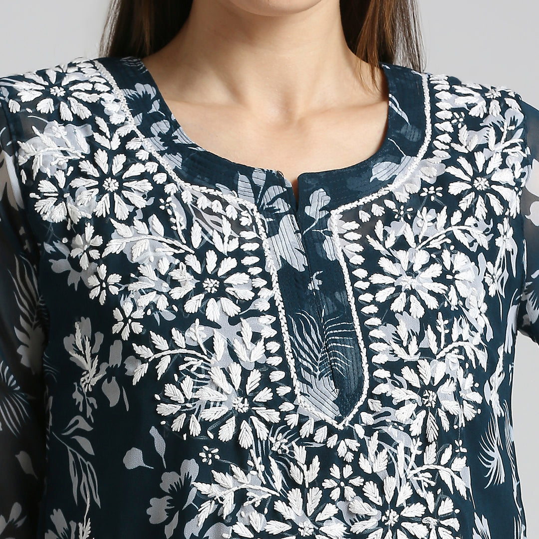 MUSKAN GEORGETTE CHIKANKARI PRINTED KURTI