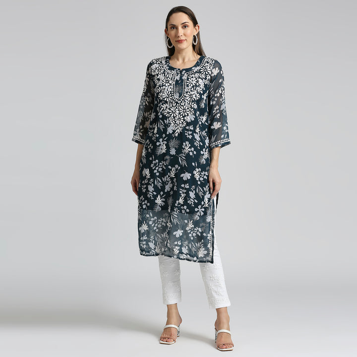 MUSKAN GEORGETTE CHIKANKARI PRINTED KURTI