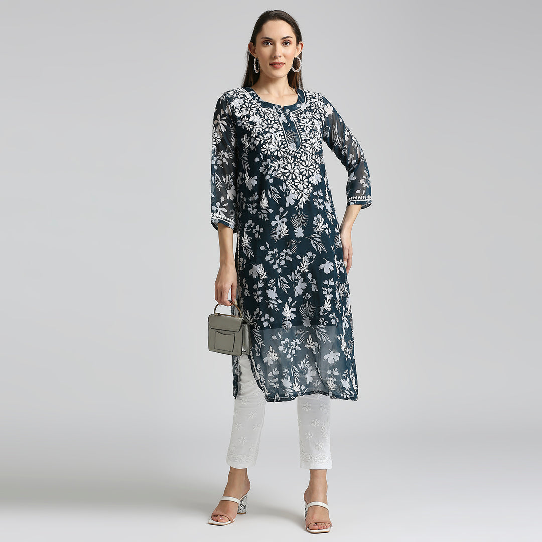 MUSKAN GEORGETTE CHIKANKARI PRINTED KURTI