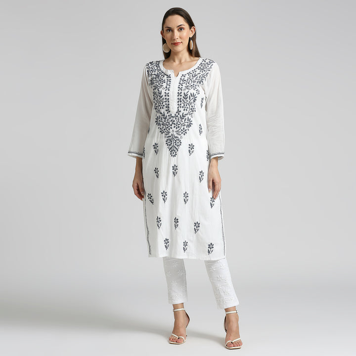 IQRA CHIKANKARI COTTON HIGHLIGHT WHITE KURTI