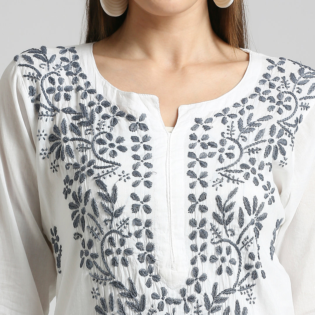 IQRA CHIKANKARI COTTON HIGHLIGHT WHITE KURTI