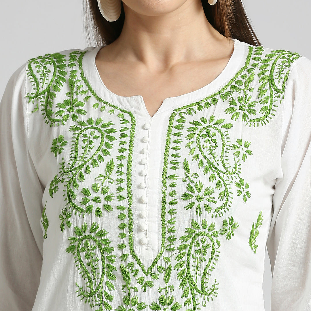 IQRA CHIKANKARI COTTON HIGHLIGHT WHITE KURTI