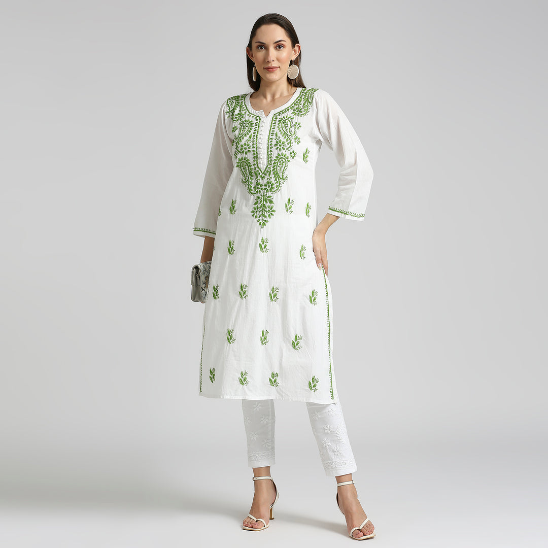 IQRA CHIKANKARI COTTON HIGHLIGHT WHITE KURTI