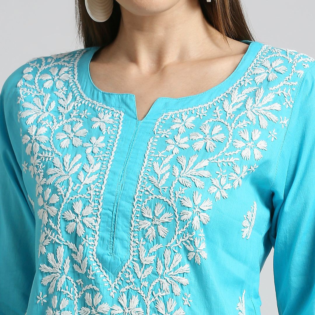 HASEEN COTTON FLOWER CHIKANKARI KURTI