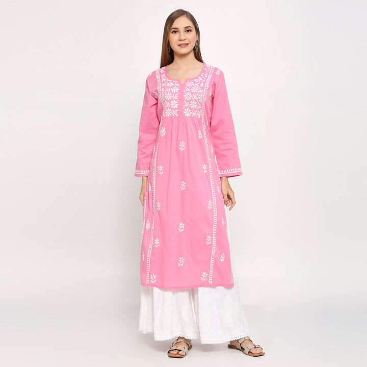 ALEENA COTTON CHIKANKARI NYRA CUT LONG KURTI