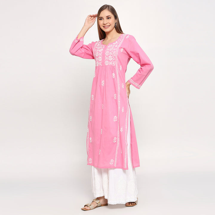 ALEENA COTTON CHIKANKARI NYRA CUT LONG KURTI