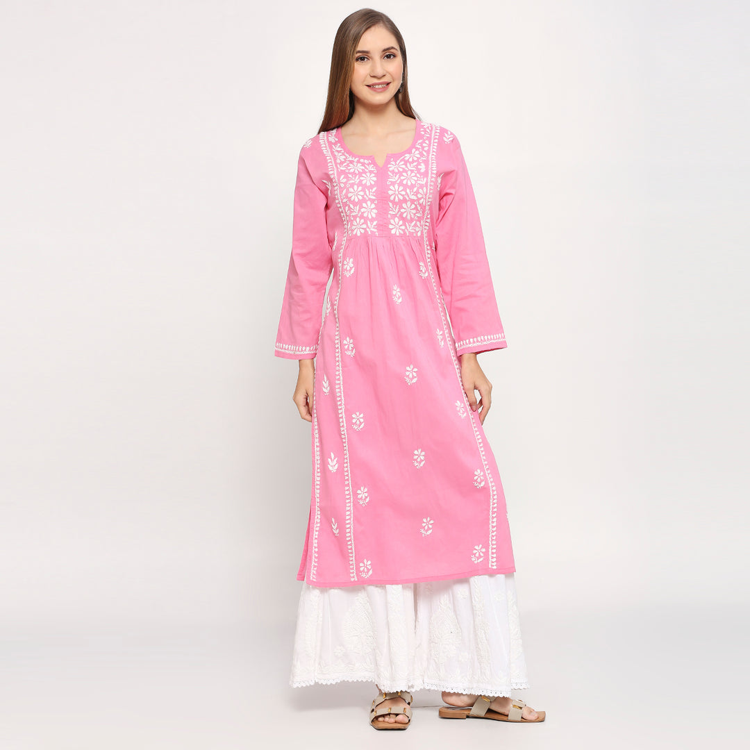 ALEENA COTTON CHIKANKARI NYRA CUT LONG KURTI