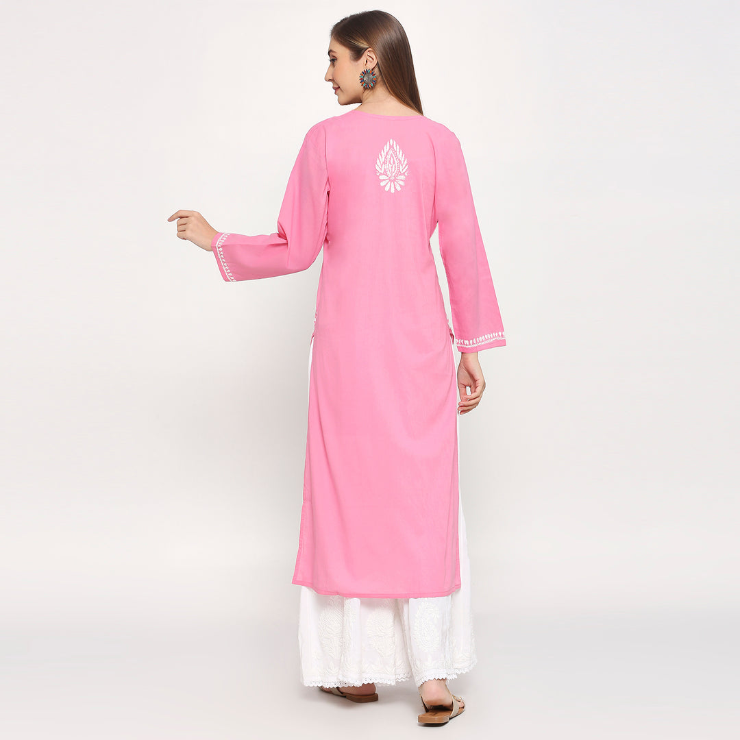 ALEENA COTTON CHIKANKARI NYRA CUT LONG KURTI