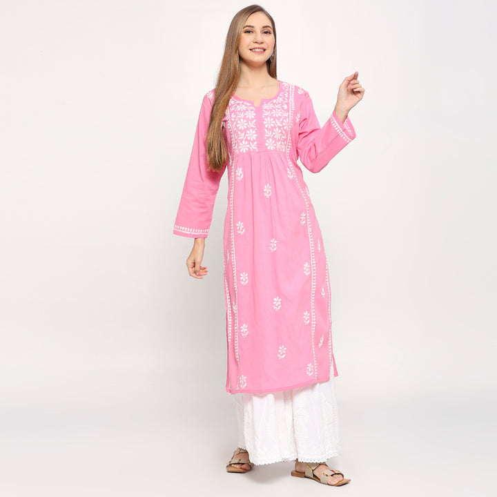 ALEENA COTTON CHIKANKARI NYRA CUT LONG KURTI