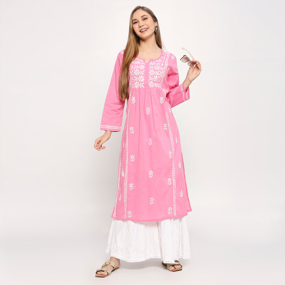 ALEENA COTTON CHIKANKARI NYRA CUT LONG KURTI