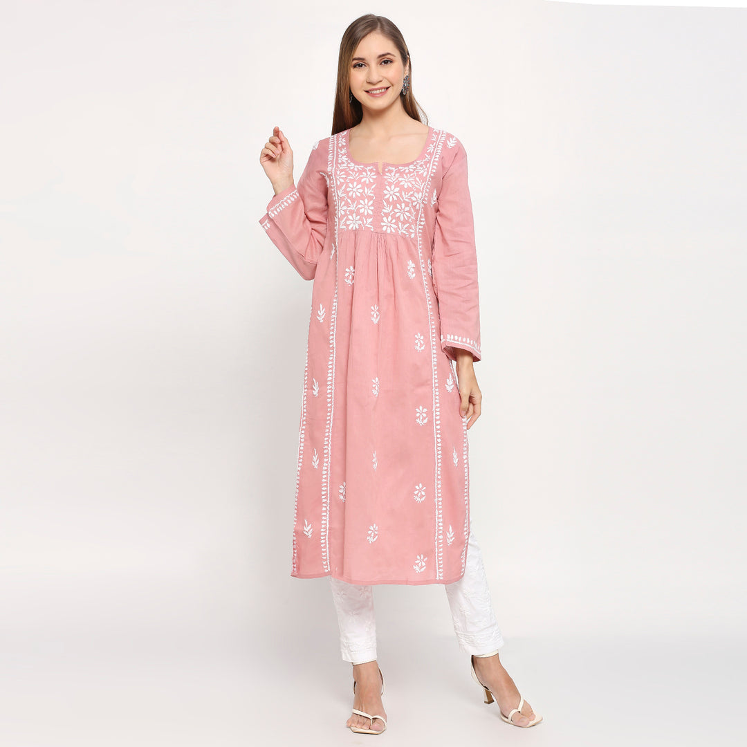 ALEENA COTTON CHIKANKARI NYRA CUT LONG KURTI