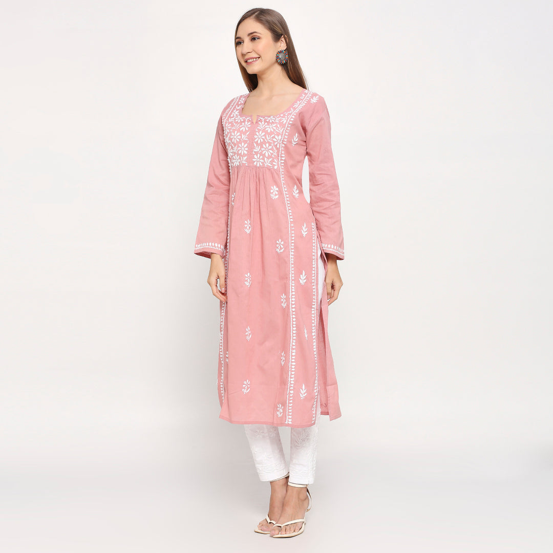 ALEENA COTTON CHIKANKARI NYRA CUT LONG KURTI