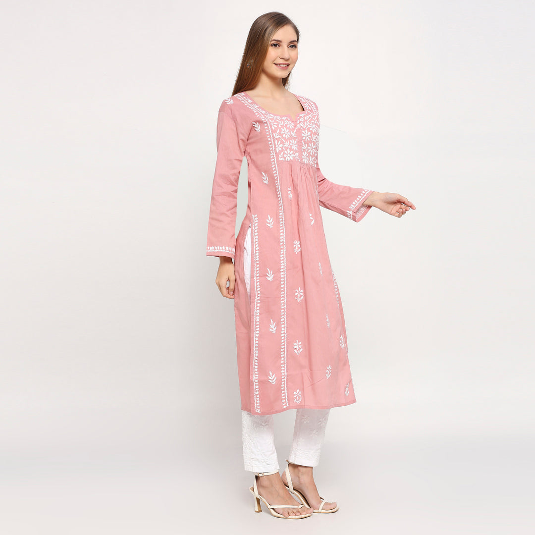 ALEENA COTTON CHIKANKARI NYRA CUT LONG KURTI