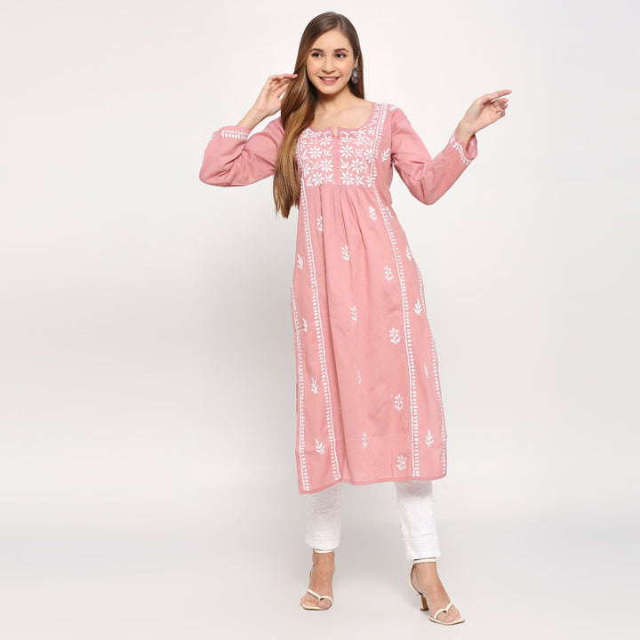 ALEENA COTTON CHIKANKARI NYRA CUT LONG KURTI