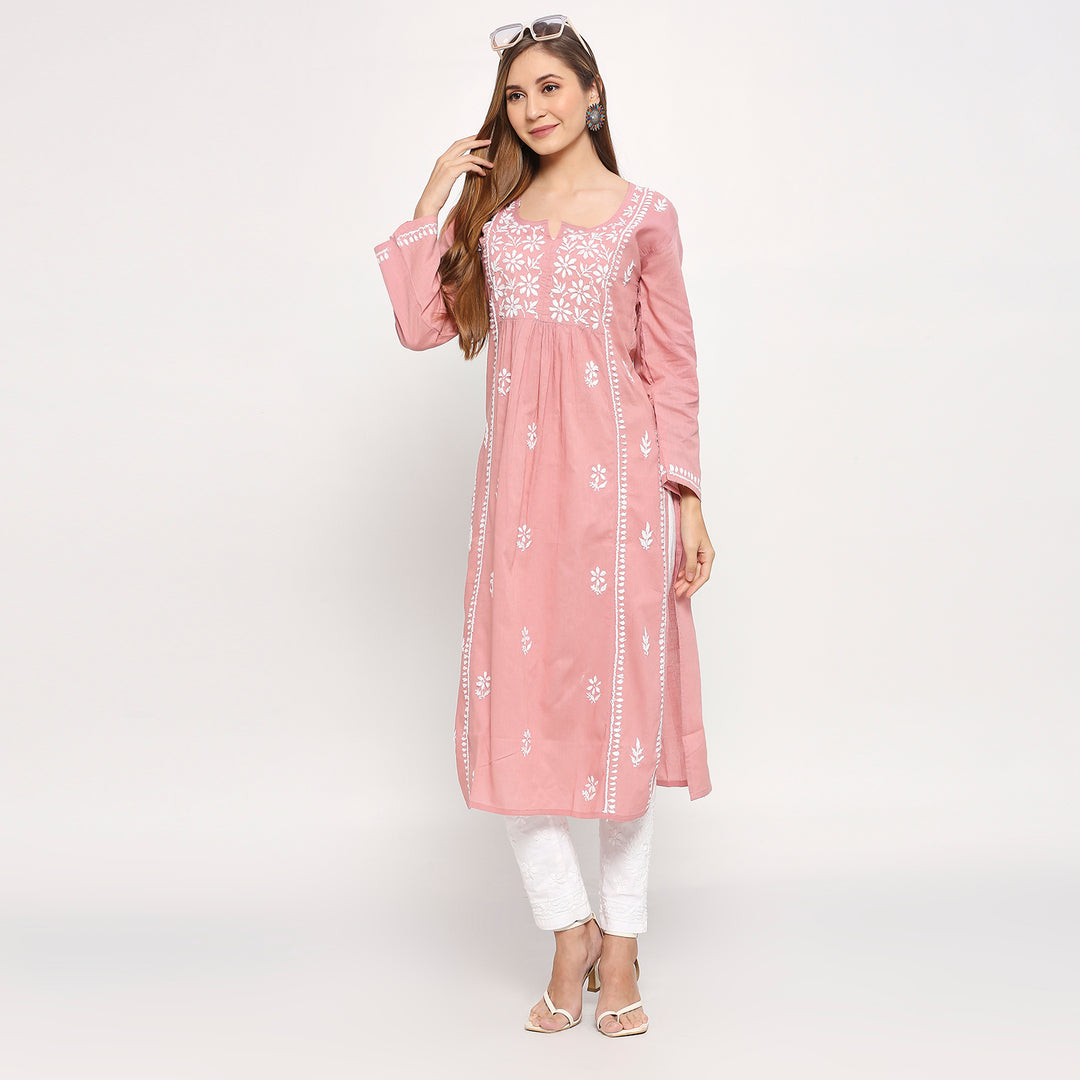 ALEENA COTTON CHIKANKARI NYRA CUT LONG KURTI