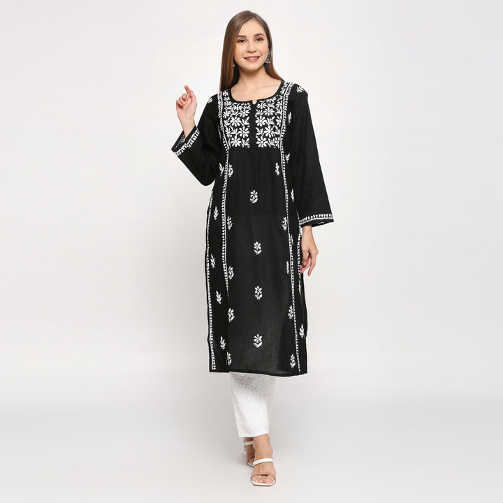 ALEENA COTTON CHIKANKARI NYRA CUT LONG KURTI