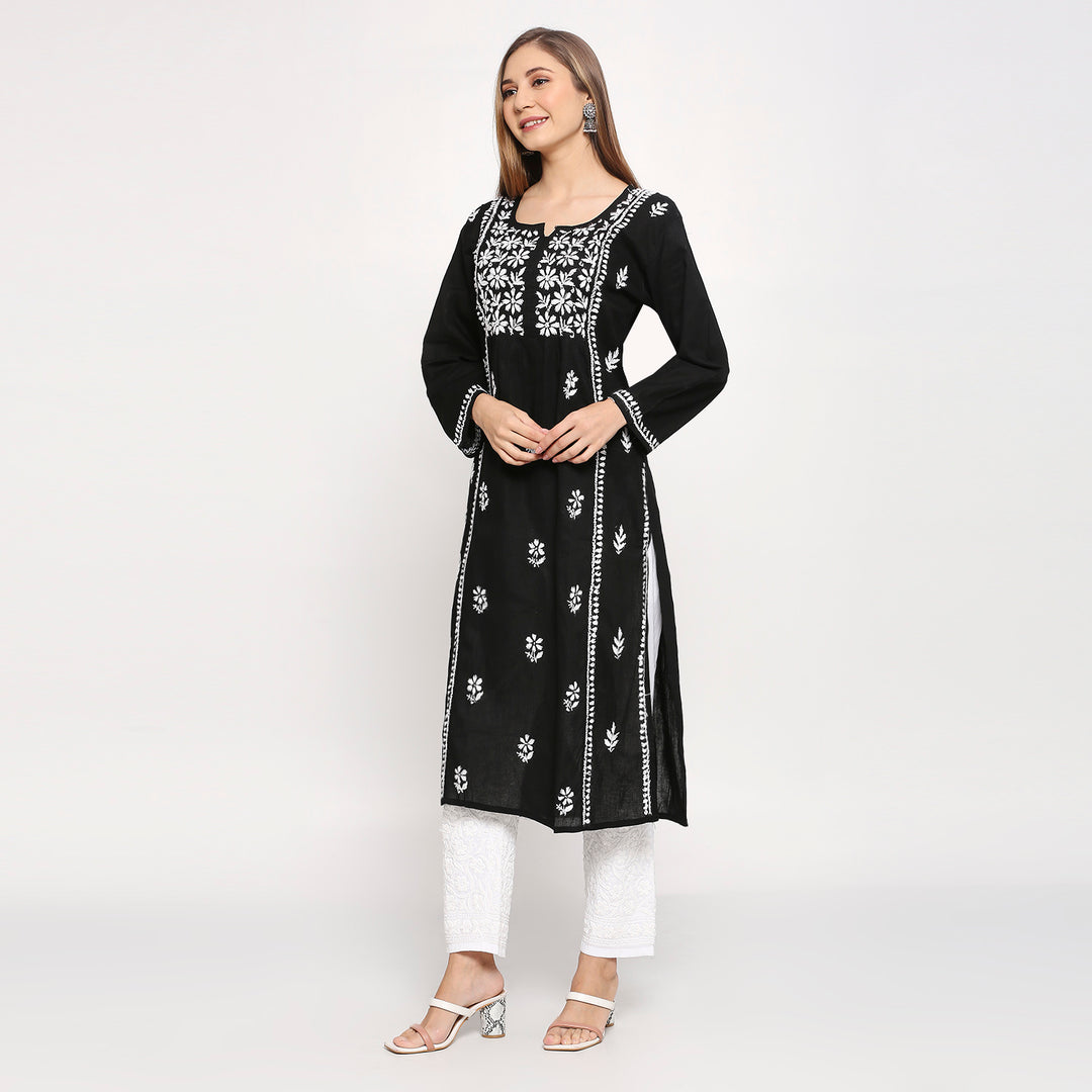 ALEENA COTTON CHIKANKARI NYRA CUT LONG KURTI