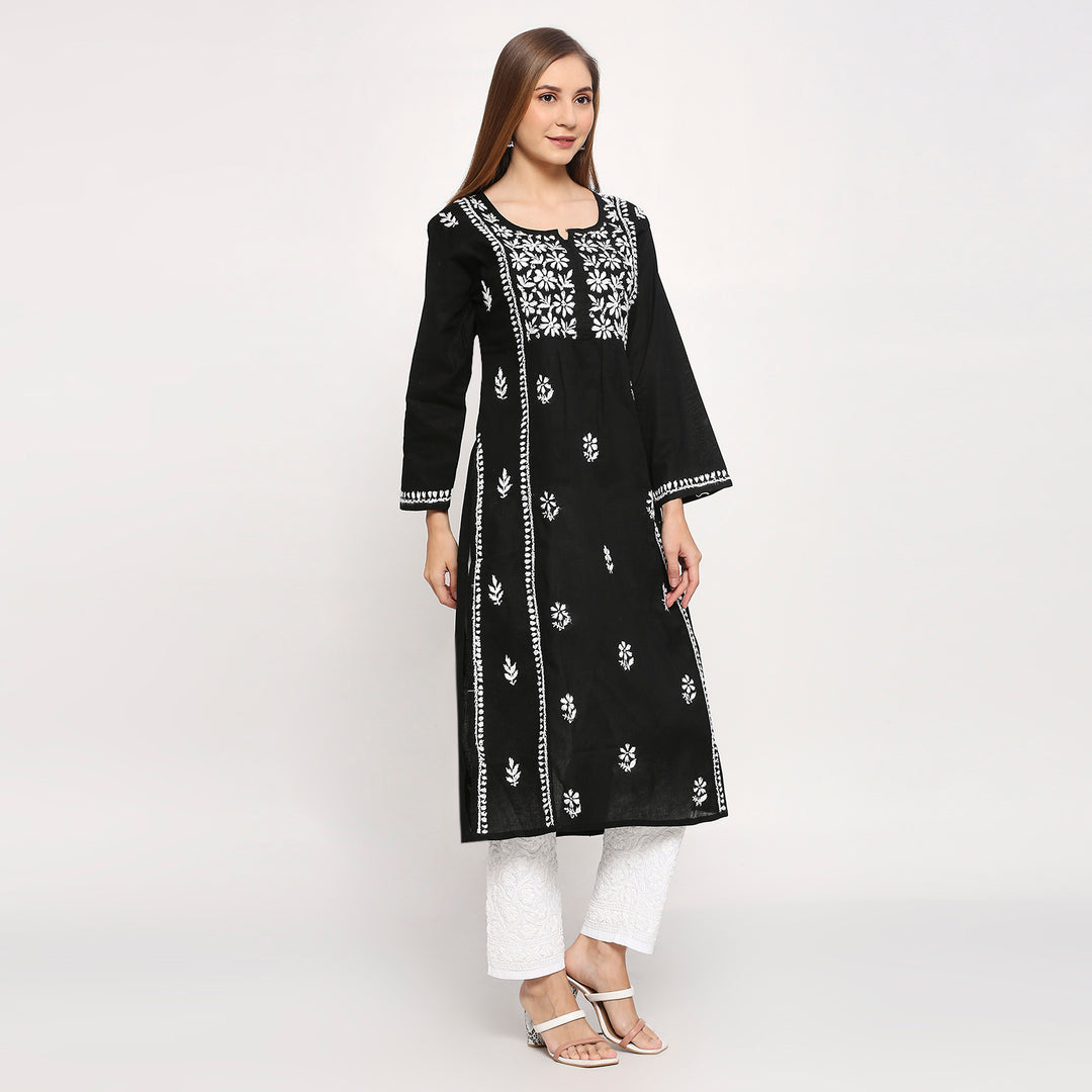 ALEENA COTTON CHIKANKARI NYRA CUT LONG KURTI