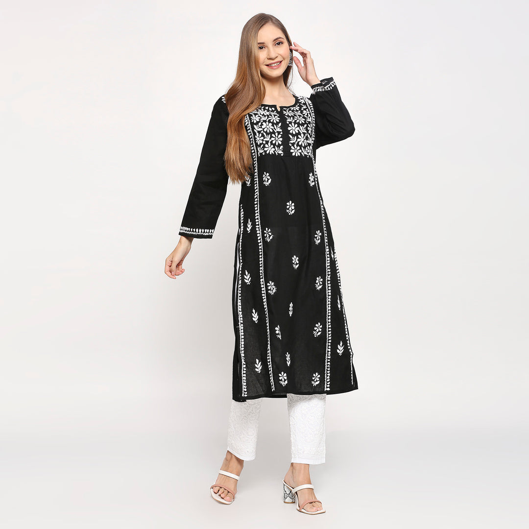 ALEENA COTTON CHIKANKARI NYRA CUT LONG KURTI