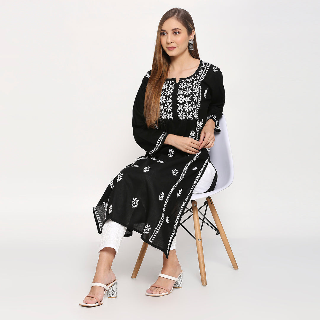 ALEENA COTTON CHIKANKARI NYRA CUT LONG KURTI