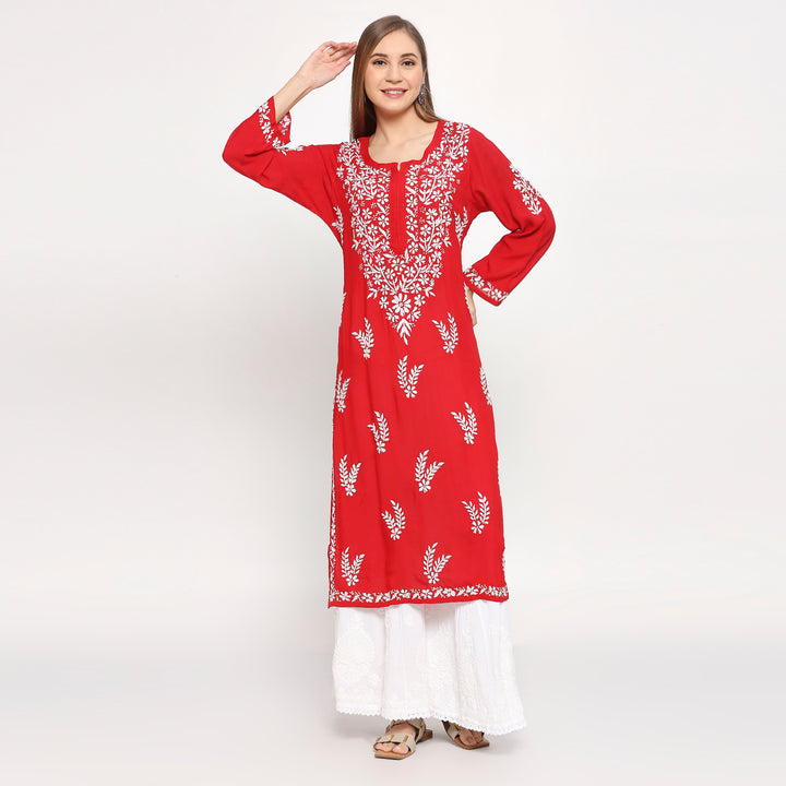 MODAL CHIKANKARI LEAFLET LONG KURTI