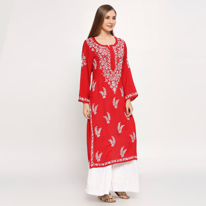 MODAL CHIKANKARI LEAFLET LONG KURTI