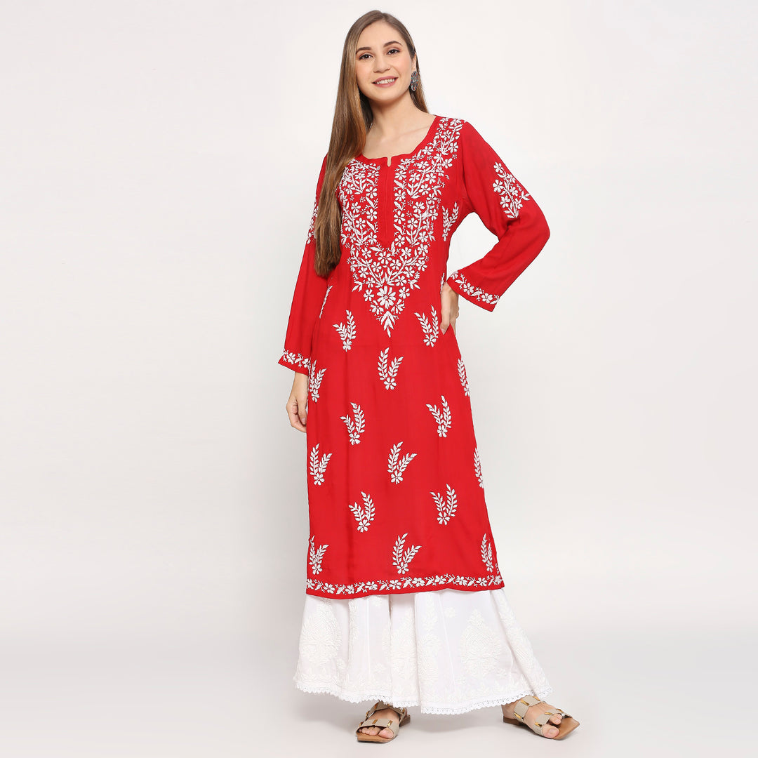 MODAL CHIKANKARI LEAFLET LONG KURTI