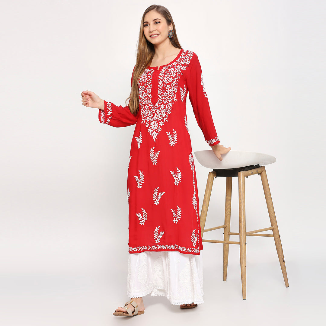 MODAL CHIKANKARI LEAFLET LONG KURTI