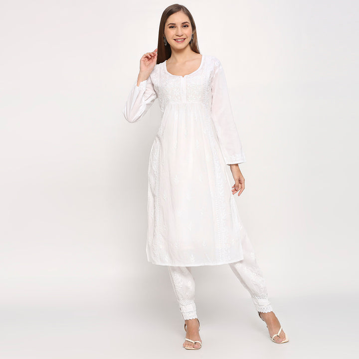 Aleena Cotton Chikankari Nyra Cut Long Kurti