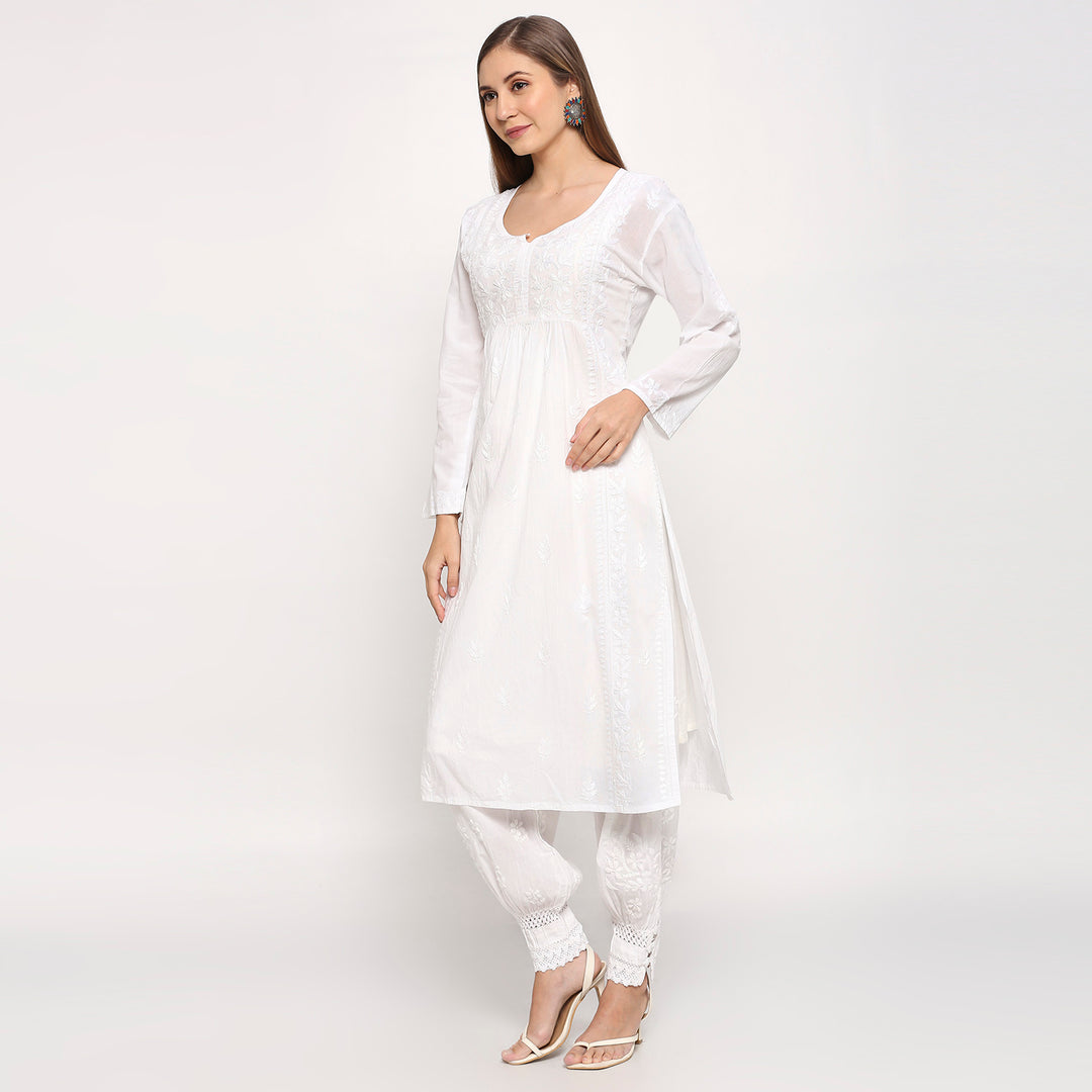 Aleena Cotton Chikankari Nyra Cut Long Kurti