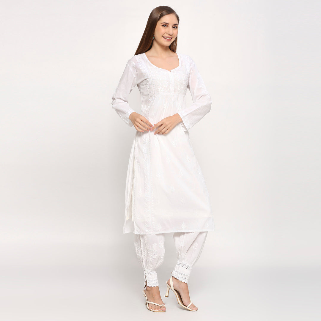 Aleena Cotton Chikankari Nyra Cut Long Kurti