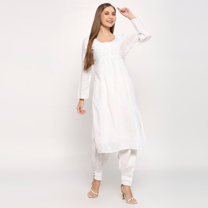 Aleena Cotton Chikankari Nyra Cut Long Kurti