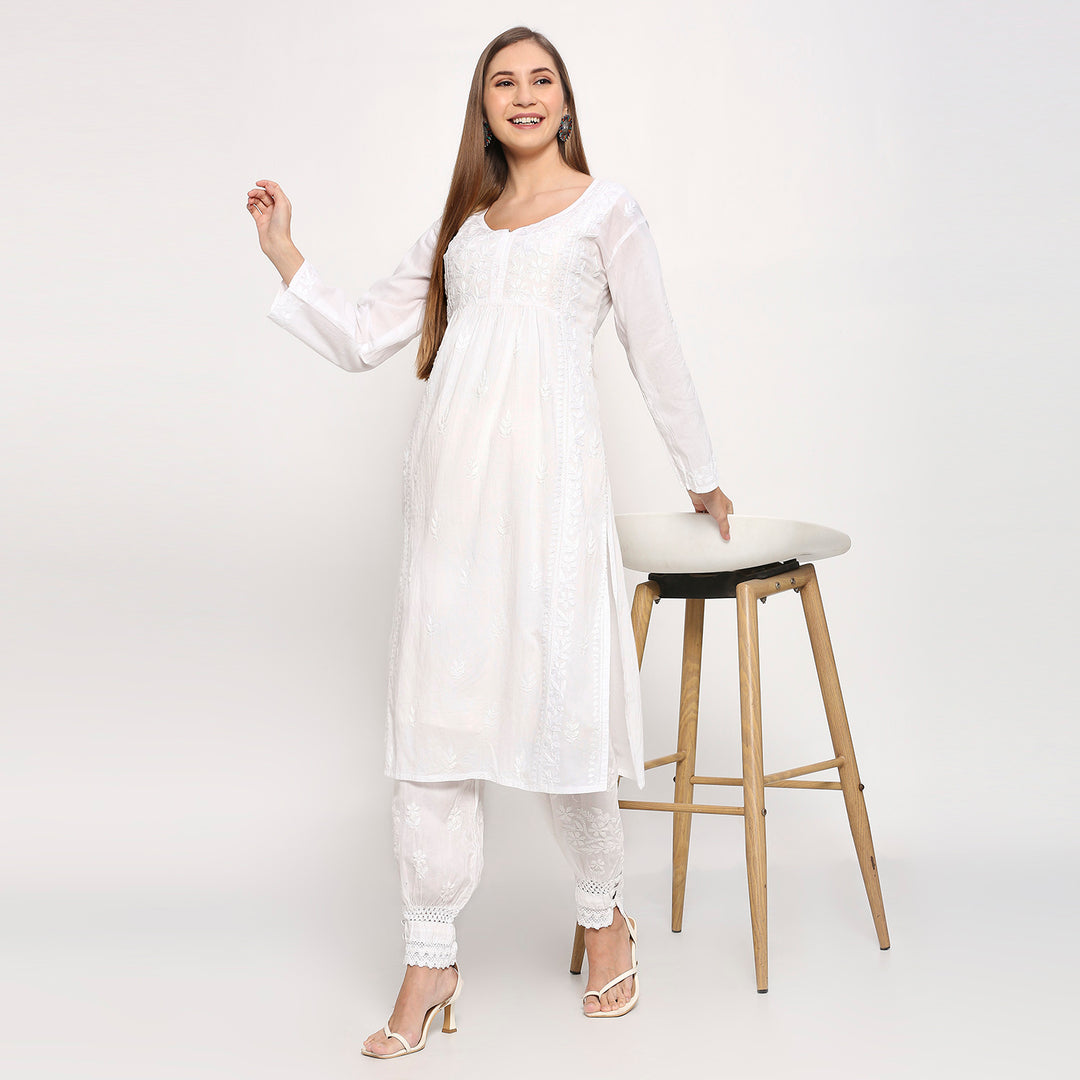 Aleena Cotton Chikankari Nyra Cut Long Kurti