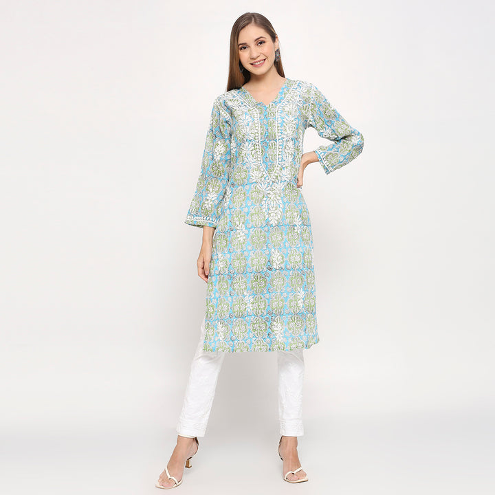 ZAHEEDA MUL COTTON CHIKANKARI PRINTED LONG KURTI