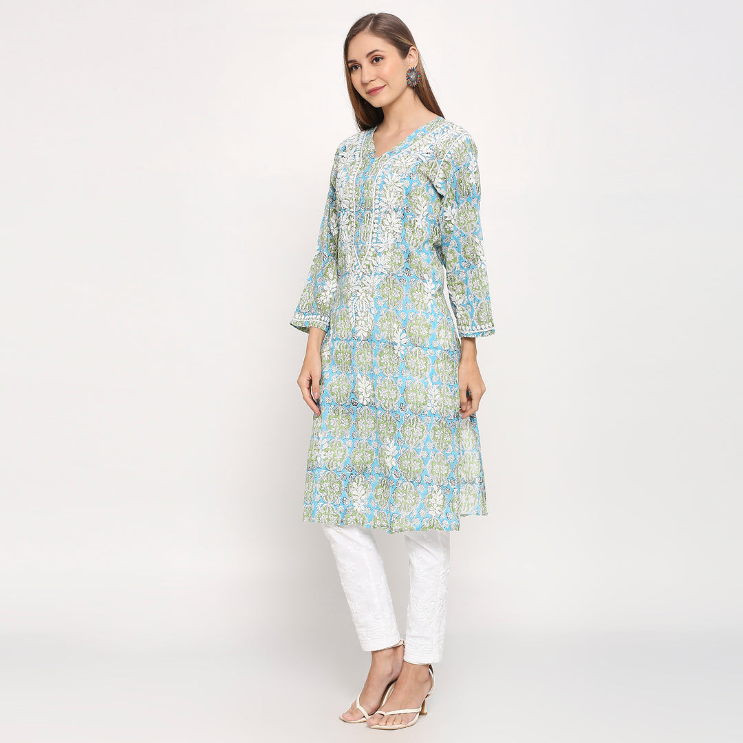 ZAHEEDA MUL COTTON CHIKANKARI PRINTED LONG KURTI