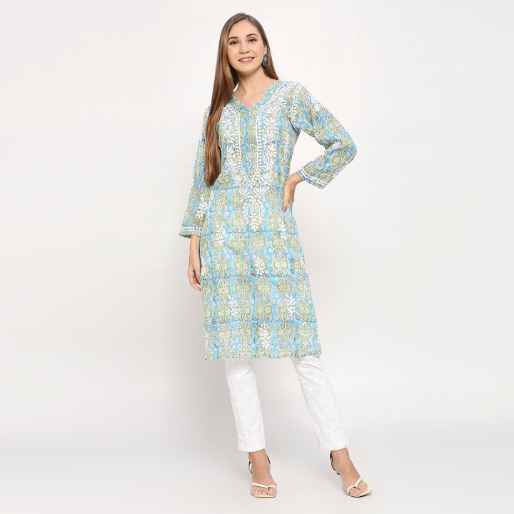 ZAHEEDA MUL COTTON CHIKANKARI PRINTED LONG KURTI