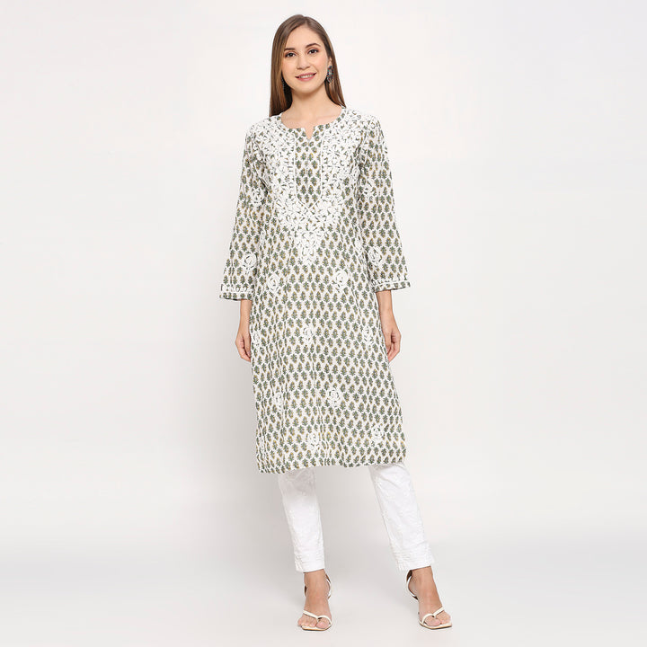 ARSHI COTTON CHIKANKARI PRINTED LONG KURTI