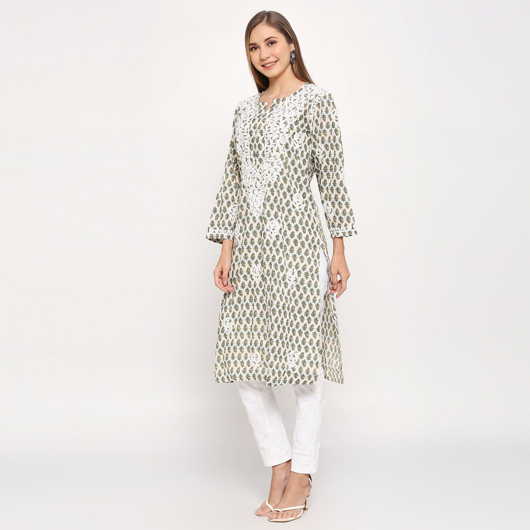 ARSHI COTTON CHIKANKARI PRINTED LONG KURTI