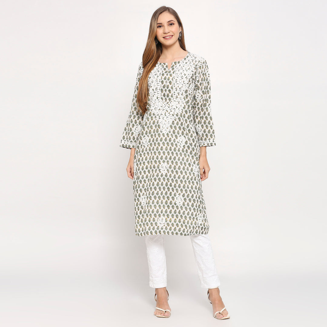 ARSHI COTTON CHIKANKARI PRINTED LONG KURTI