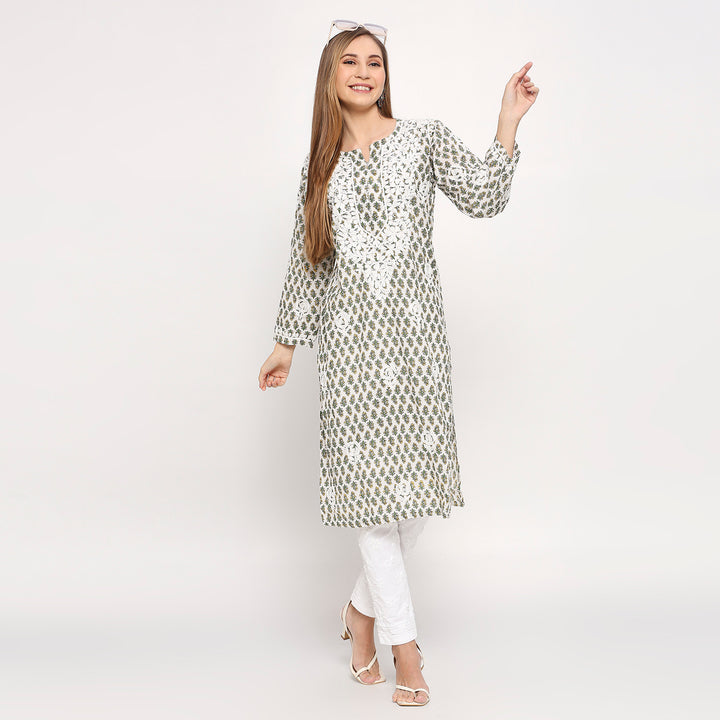 ARSHI COTTON CHIKANKARI PRINTED LONG KURTI