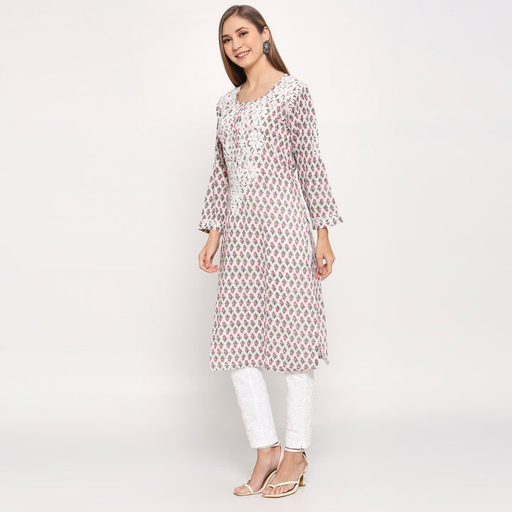 SANYA COTTON CHIKANKARI PRINTED LONG KURTI