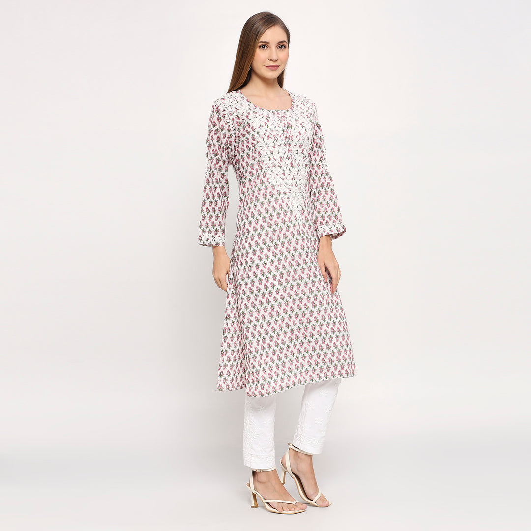 SANYA COTTON CHIKANKARI PRINTED LONG KURTI