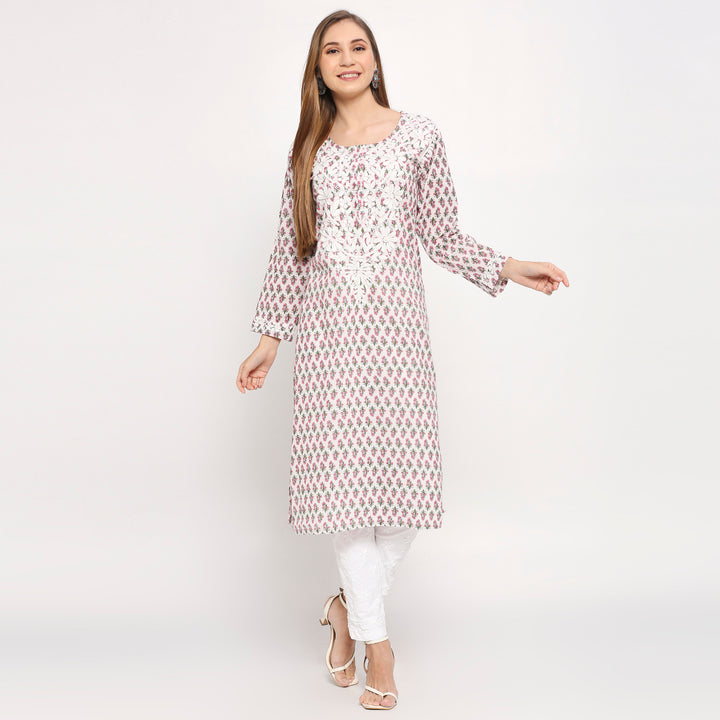 SANYA COTTON CHIKANKARI PRINTED LONG KURTI