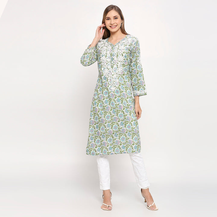 KHAIRA MUL COTTON PRRINTED CHIKANKARI KURTI