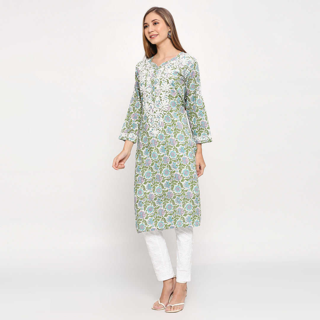 KHAIRA MUL COTTON PRRINTED CHIKANKARI KURTI