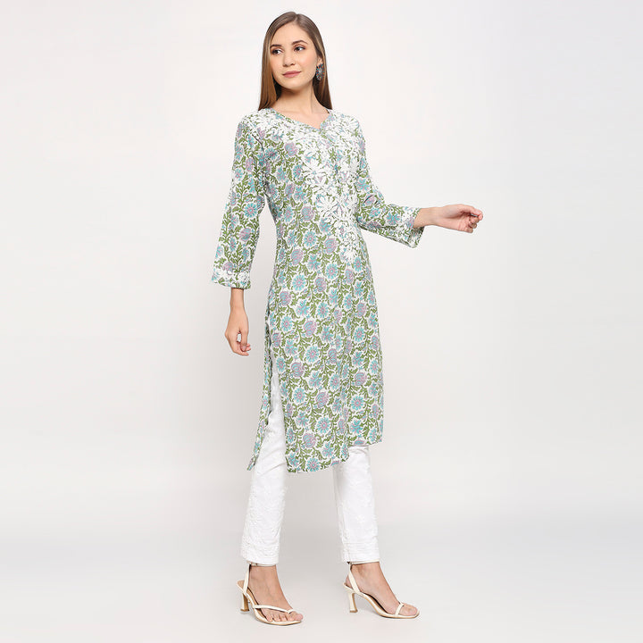 KHAIRA MUL COTTON PRRINTED CHIKANKARI KURTI