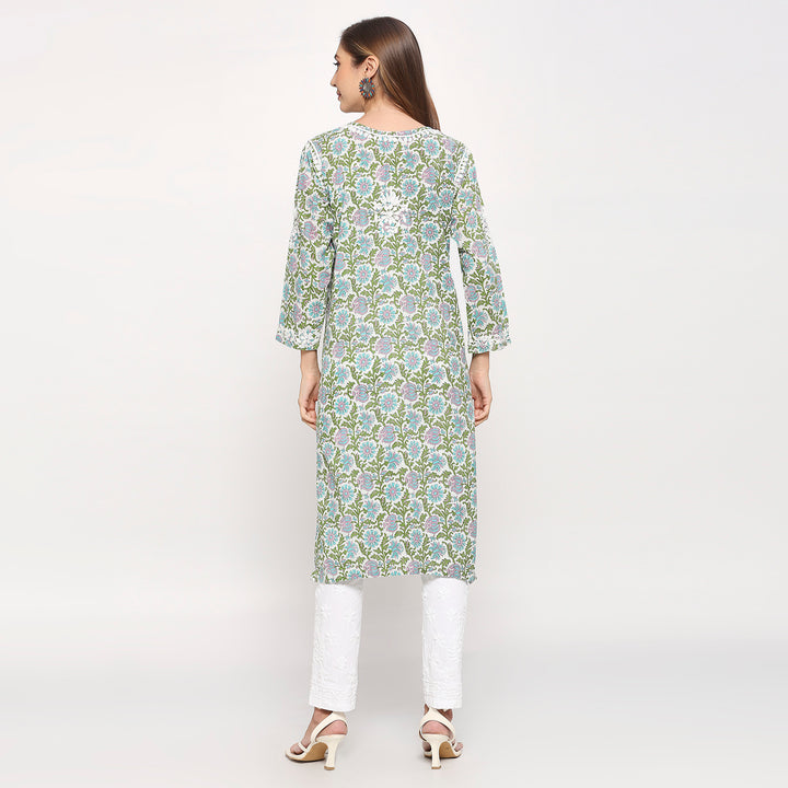 KHAIRA MUL COTTON PRRINTED CHIKANKARI KURTI